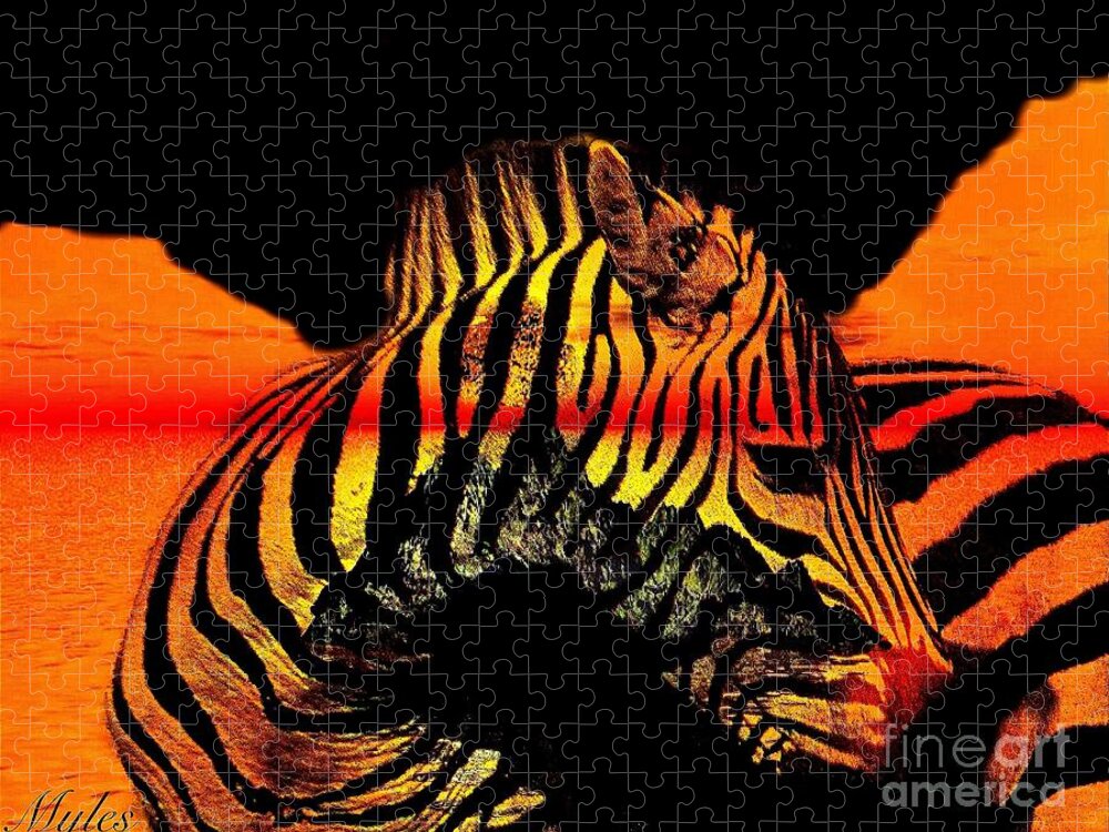 Zebras Jigsaw Puzzle featuring the painting Zebra at Sunset Abstract by Saundra Myles