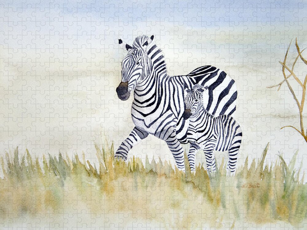 Zebra Jigsaw Puzzle featuring the painting Zebra Family by Laurel Best