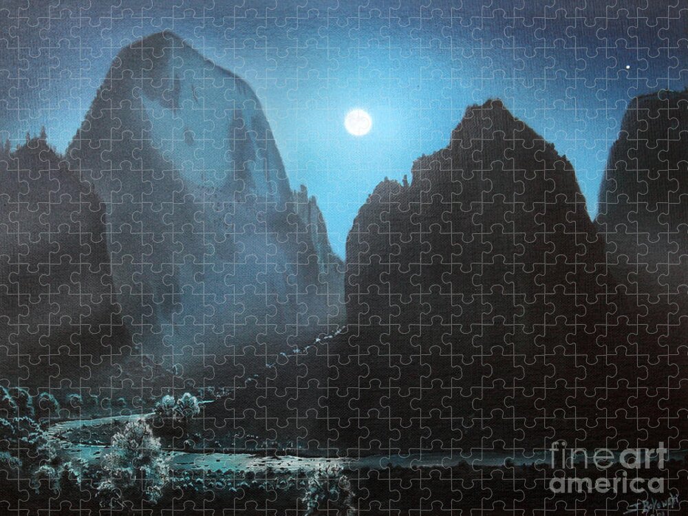 Zion National Park Jigsaw Puzzle featuring the painting Full Moon ZION by Jerry Bokowski