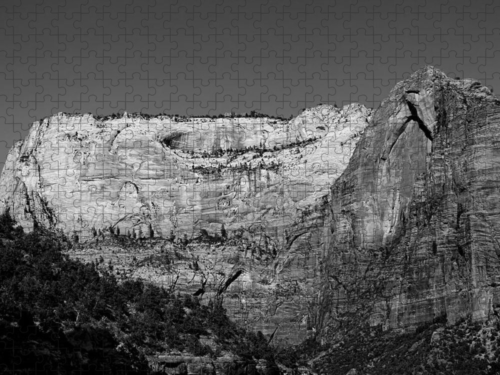 Zion Cliff And Arch B & W Jigsaw Puzzle featuring the photograph Zion Cliff and Arch B W by Jemmy Archer