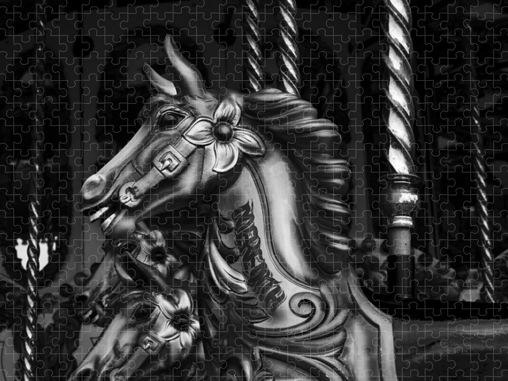 Merry Go Round Horses Jigsaw Puzzle featuring the photograph Carousel Horses Mono #2 by Steve Purnell