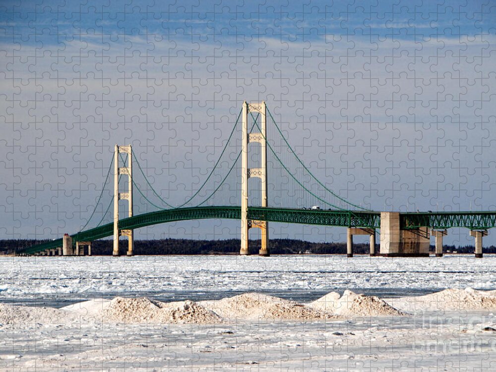 Mackinac Bridge Jigsaw Puzzle featuring the photograph Mackinac Bridge in Winter #1 by Grace Grogan