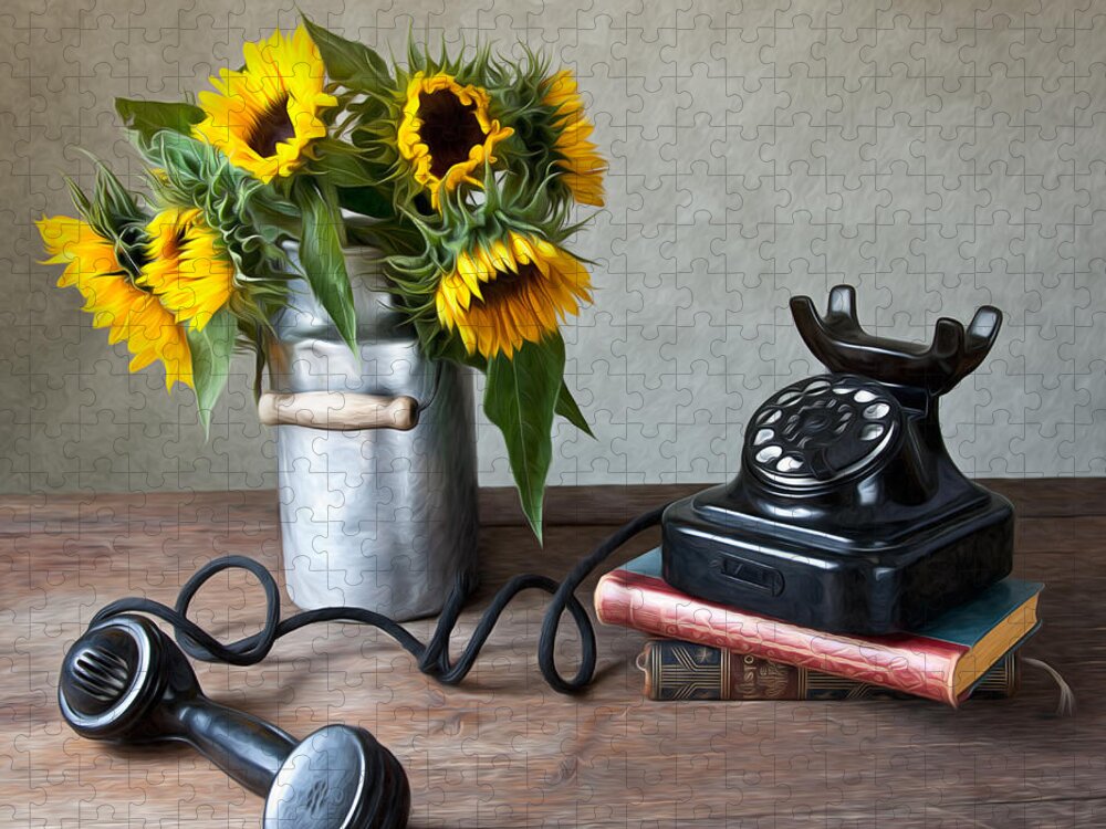 Sunflower Jigsaw Puzzle featuring the photograph Sunflowers and Phone #1 by Nailia Schwarz