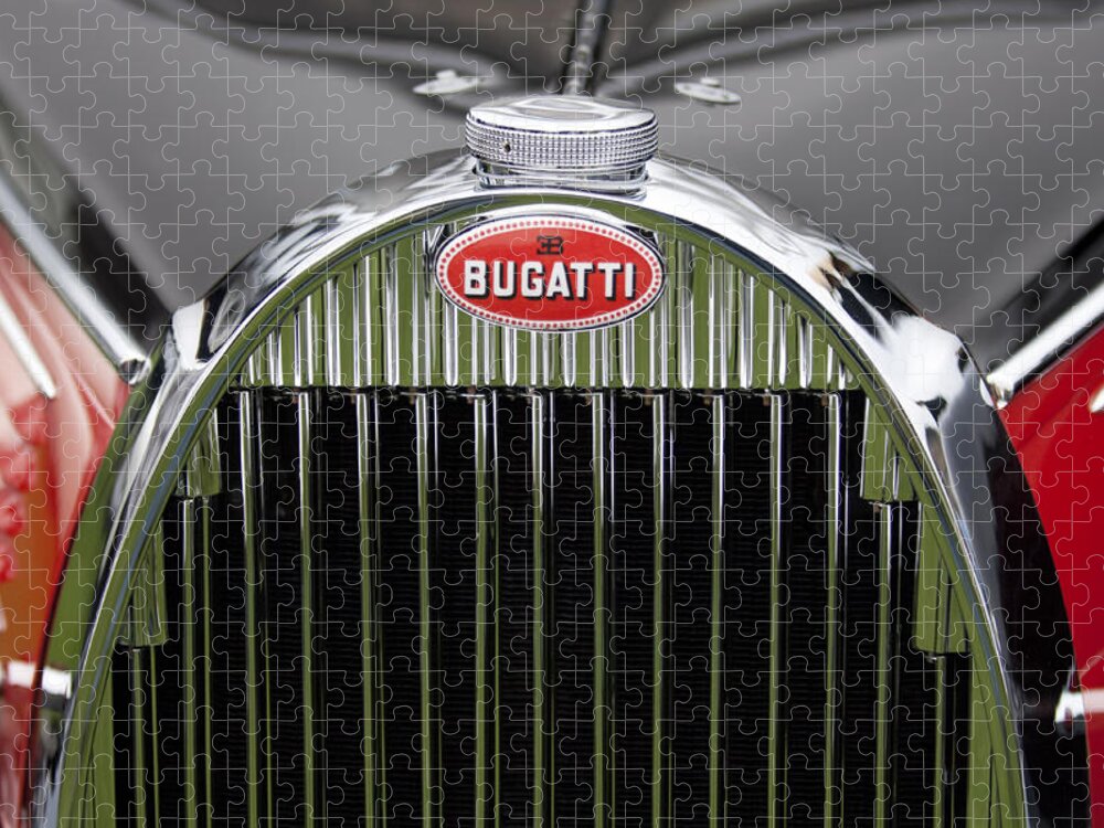1939 Bugatti Type 57 Galibier Sports Saloon Jigsaw Puzzle featuring the photograph 1939 Bugatti Type 57 Galibier Sports Saloon Hood Emblem by Jill Reger