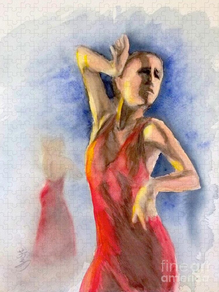 Flamenco Jigsaw Puzzle featuring the painting A Flamenco Dancer 2 by Yoshiko Mishina
