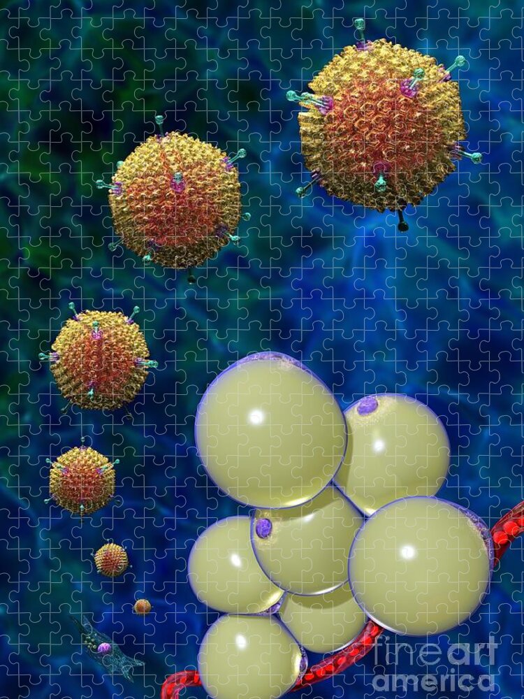 36 Jigsaw Puzzle featuring the digital art Adenovirus 36 and Fat Cells by Russell Kightley