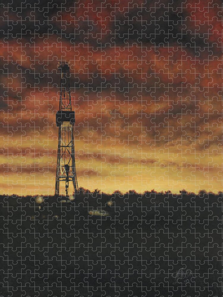 Drilling Rig In Sunset Jigsaw Puzzle featuring the painting All Lit Up by Tammy Taylor