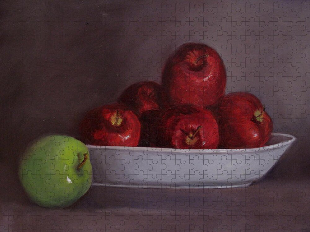 Still Life With Apples-oil On Oil Paper 19x13 Jigsaw Puzzle featuring the painting Apples -Still life by Asha Sudhaker Shenoy