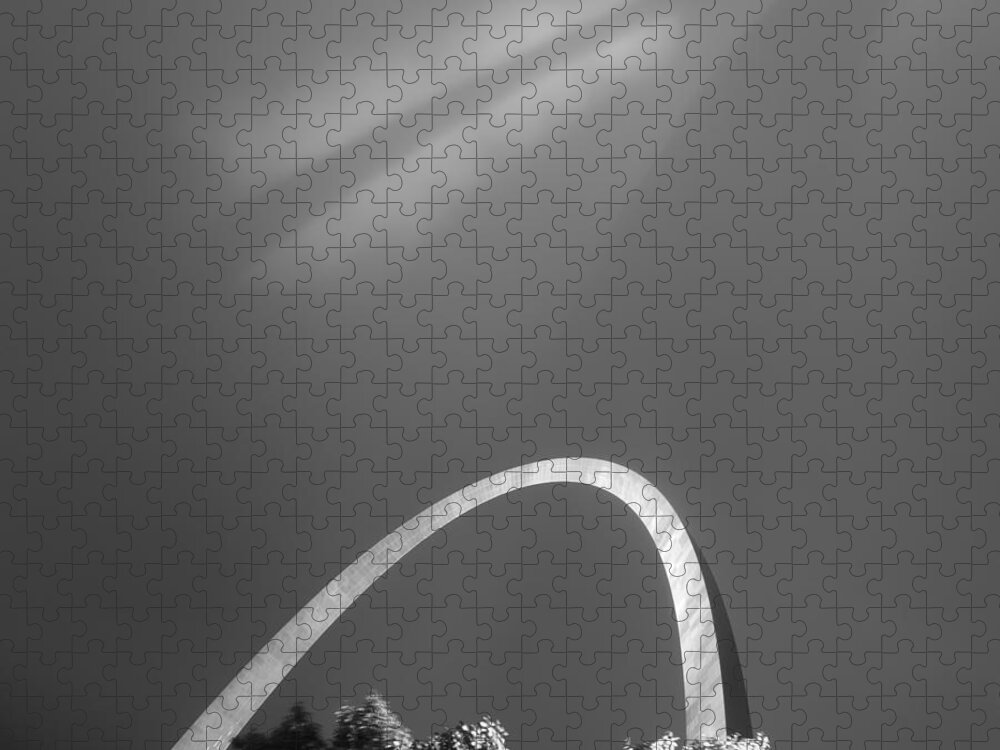 Gateway Arch St. Louis Mo Missouri Shadows Bw B&w Black White Sky Clouds Trees Monument Tall Structure Architecture Jigsaw Puzzle featuring the photograph Arch Shadows by David Coblitz