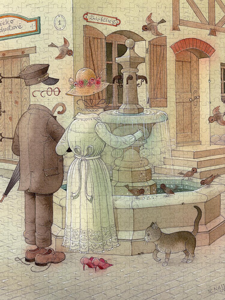 Fountain City Oldtown Water Cat Birds Jigsaw Puzzle featuring the painting At the fountain by Kestutis Kasparavicius