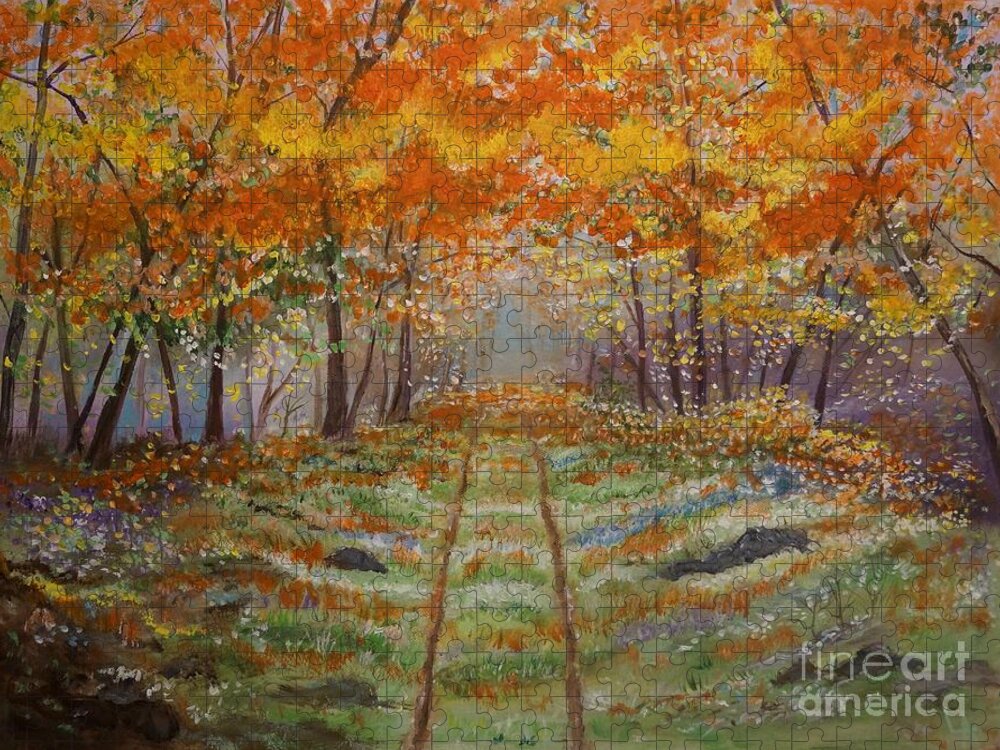 Country Road Art Jigsaw Puzzle featuring the painting Autumn Country Road by Leslie Allen