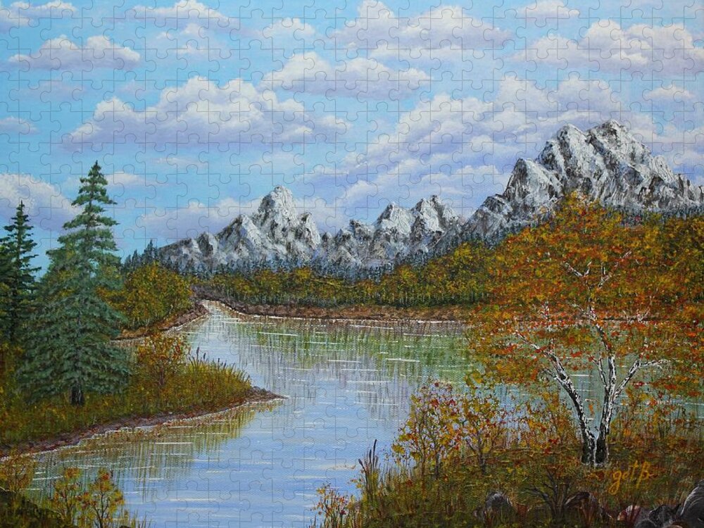 Mountain Landscape Jigsaw Puzzle featuring the painting Autumn Mountains Lake Landscape by Georgeta Blanaru