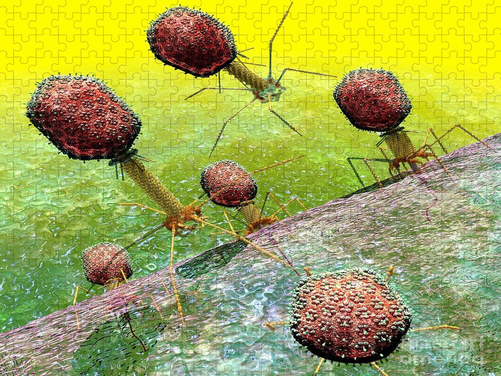 Bacteria Jigsaw Puzzle featuring the digital art Bacteriophage T4 virus group 2 by Russell Kightley
