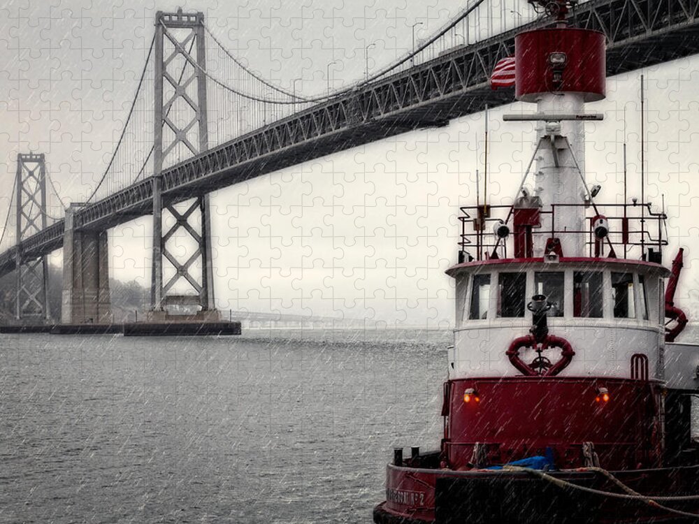Bridge Jigsaw Puzzle featuring the photograph Bay Bridge and Fireboat in the Rain by Jarrod Erbe