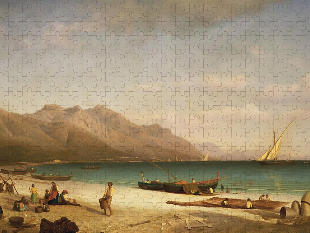 Italian; Coast;coastal; Landscape; Amalfi; Beach; Boat; Fishing; Drying;hanging; Daily Life Scene Jigsaw Puzzle featuring the painting Bay of Salerno by Albert Bierstadt