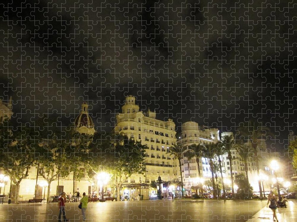 Valencia Jigsaw Puzzle featuring the photograph Beautiful Valencia Square Architecture Night Life Street Lamp Poles III Spain by John Shiron