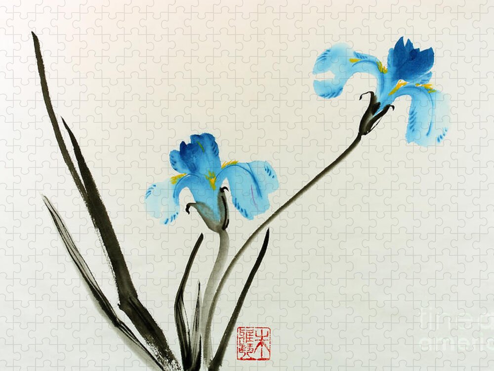 Blue Flower Jigsaw Puzzle featuring the painting blue iris II by Yolanda Koh