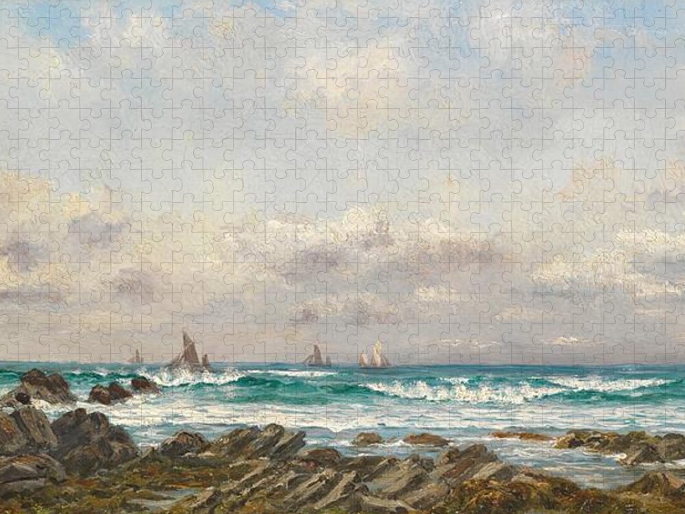 Seascape Jigsaw Puzzle featuring the painting Boats at Sea by William Lionel Wyllie