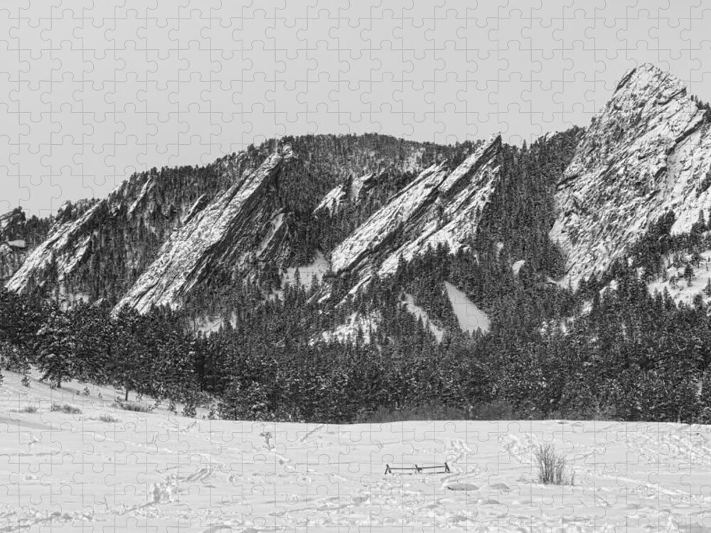 'boulder Photos' Jigsaw Puzzle featuring the photograph Boulder Colorado Flatirons With Snow BW by James BO Insogna