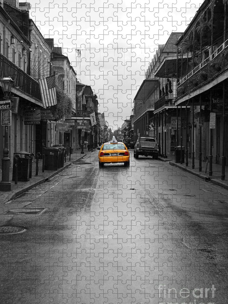 Travelpixpro French Quarter Jigsaw Puzzle featuring the photograph Bourbon Street Taxi Cab French Quarter New Orleans Color Splash Black and White by Shawn O'Brien