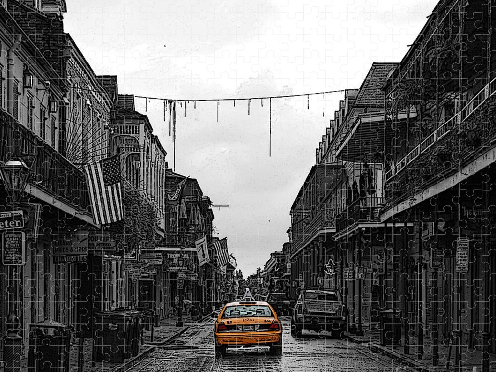 French Quarter Jigsaw Puzzle featuring the digital art Bourbon Street Taxi French Quarter New Orleans Color Splash Black and White Poster Edges Digital Art by Shawn O'Brien