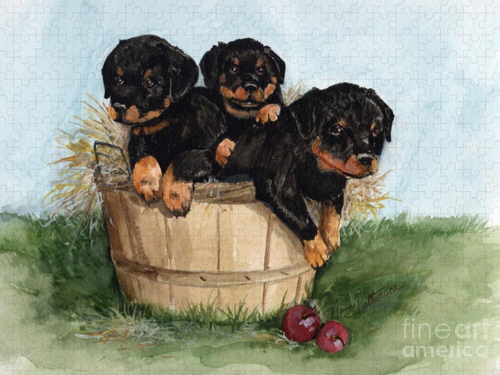 Rottweiler Dog Breed Jigsaw Puzzle featuring the painting Bushel of Rotty Pups by Nancy Patterson