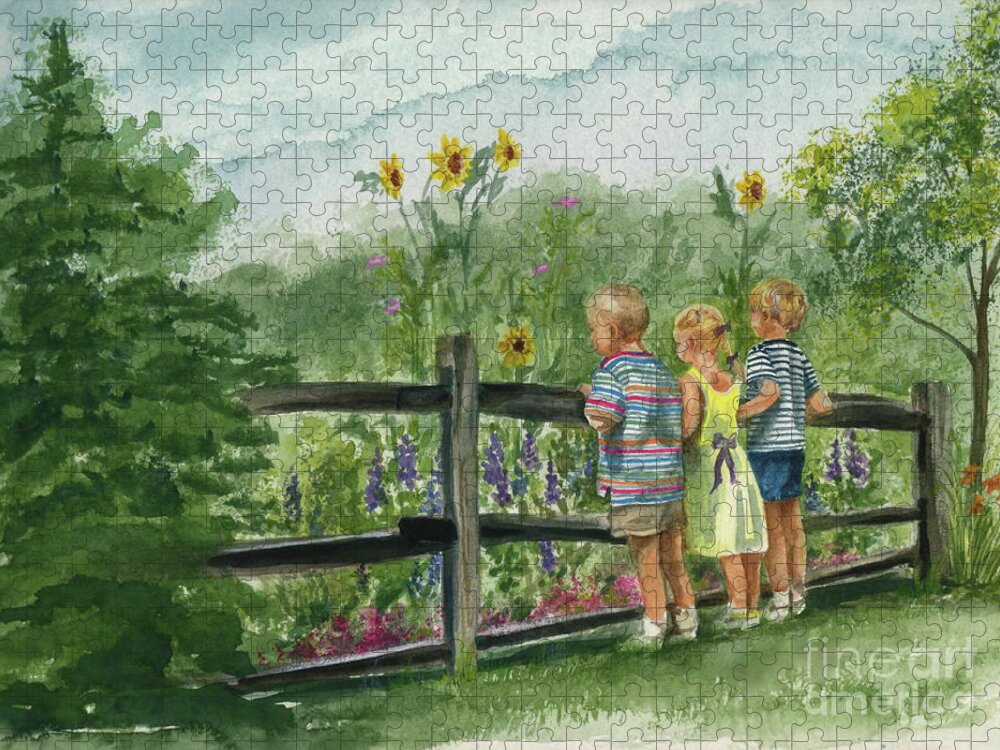 Children Jigsaw Puzzle featuring the painting By the Garden Fence by Nancy Patterson