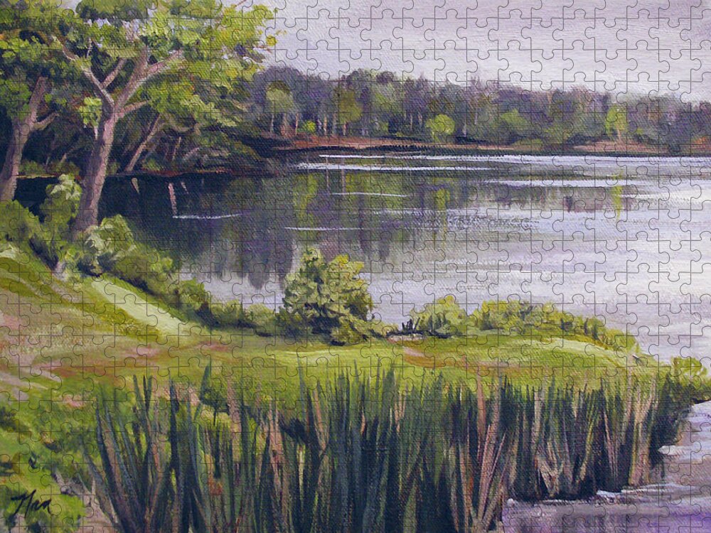 Lake Jigsaw Puzzle featuring the painting By the Lake by Nancy Griswold