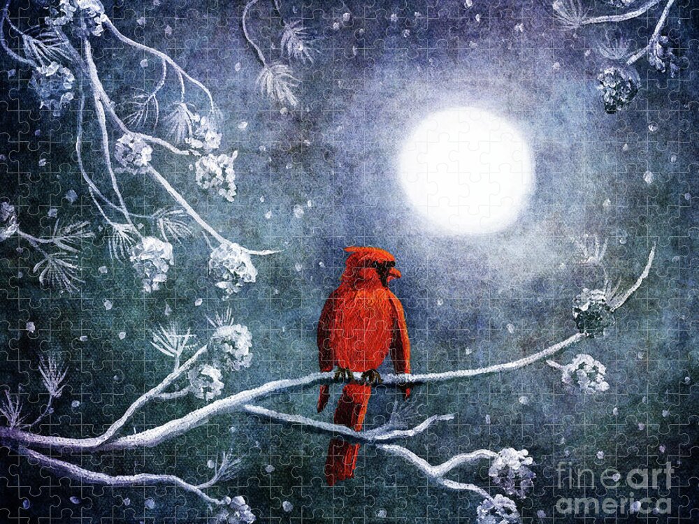 Christmas Jigsaw Puzzle featuring the digital art Cardinal on a Wintry Night by Laura Iverson