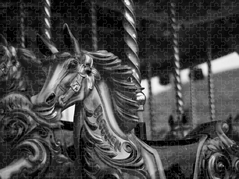 Merry Go Round Horses Jigsaw Puzzle featuring the photograph Carousel Horses Mono by Steve Purnell