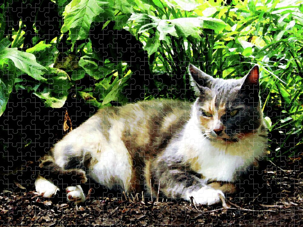 Cat Jigsaw Puzzle featuring the photograph Cat Relaxing in Garden by Susan Savad