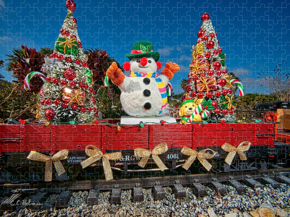 Snowman Jigsaw Puzzle featuring the photograph Christmas Snowman On Rails by Christopher Holmes