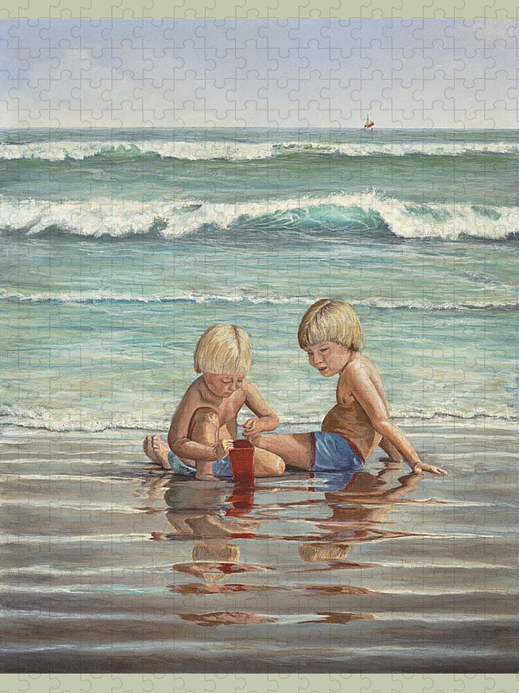 Sea Jigsaw Puzzle featuring the painting Cocoa Beach Sandcastles by AnnaJo Vahle