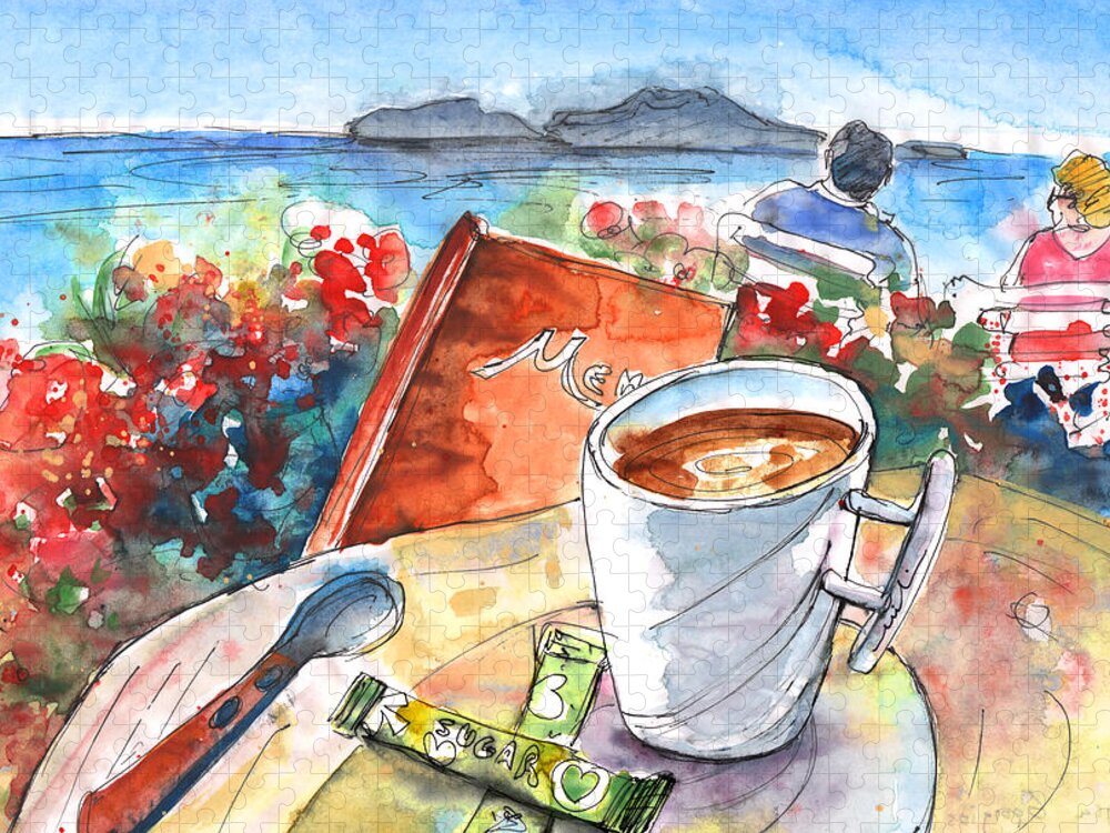Travel Art Jigsaw Puzzle featuring the painting Coffee Break in Agia Georgios in Crete by Miki De Goodaboom