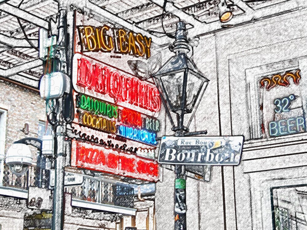 Travelpixpro New Orleans Jigsaw Puzzle featuring the digital art Colorful Neon Sign on Bourbon Street Corner French Quarter New Orleans Colored Pencil Digital Art by Shawn O'Brien