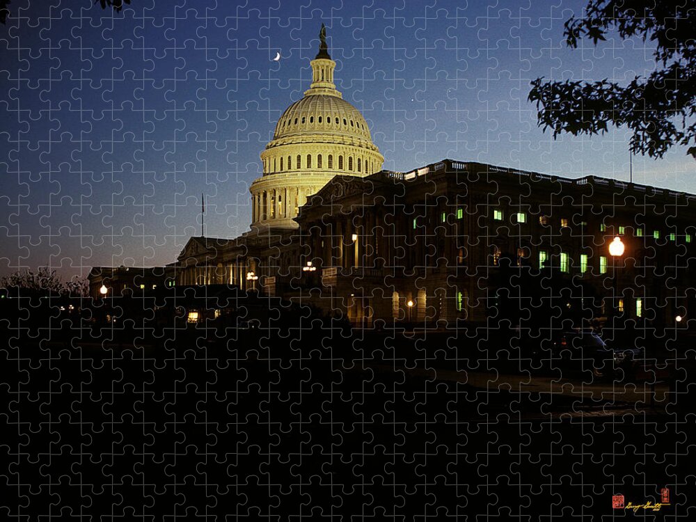 Scenic Jigsaw Puzzle featuring the photograph Conjunction of Moon Venus and Jupiter over the U S Capitol 15Q by Gerry Gantt