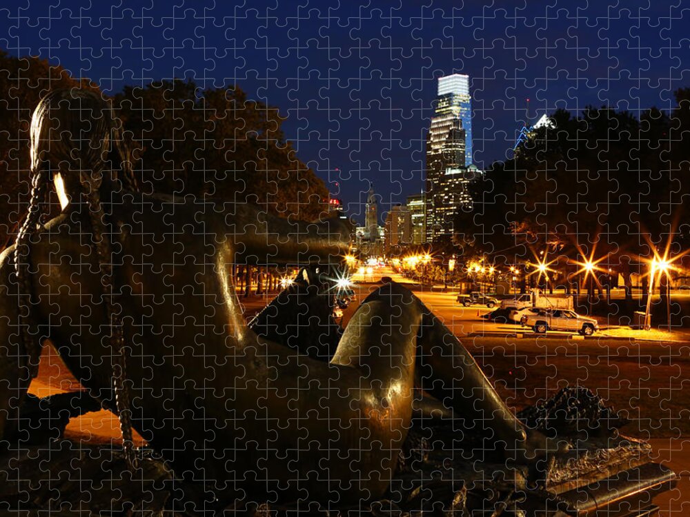 Lee Dos Santos Jigsaw Puzzle featuring the photograph Fisherwoman Staring at the City - Washington Memorial Fountain - Philadelphia Museum of Art by Lee Dos Santos