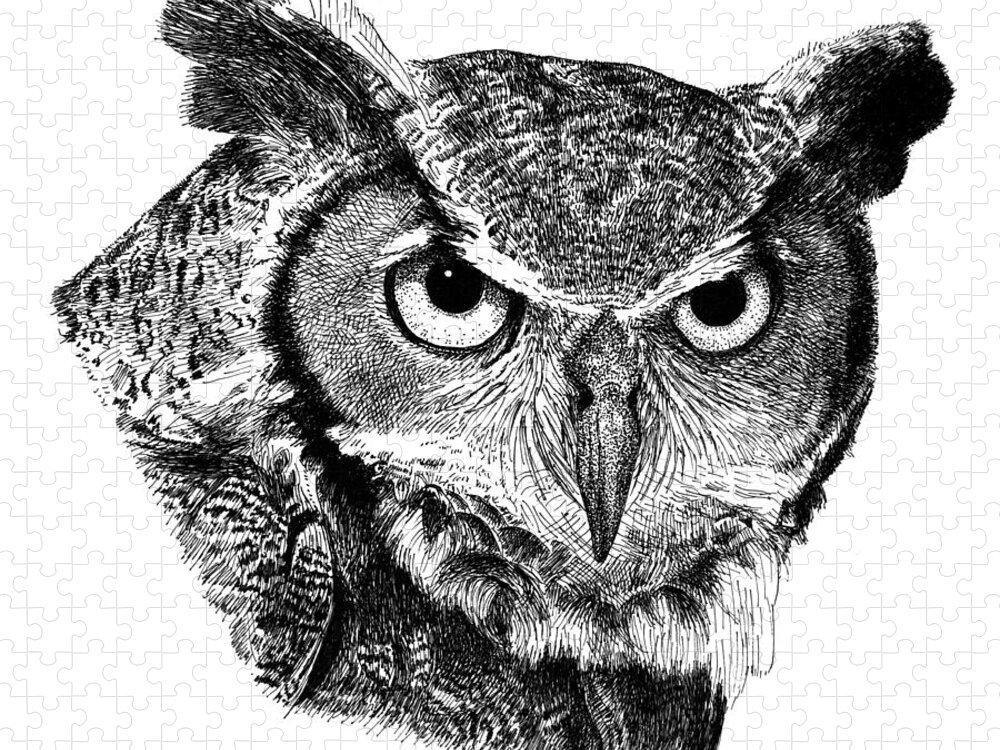 Owl Jigsaw Puzzle featuring the drawing Great Horned Owl by Scott Woyak