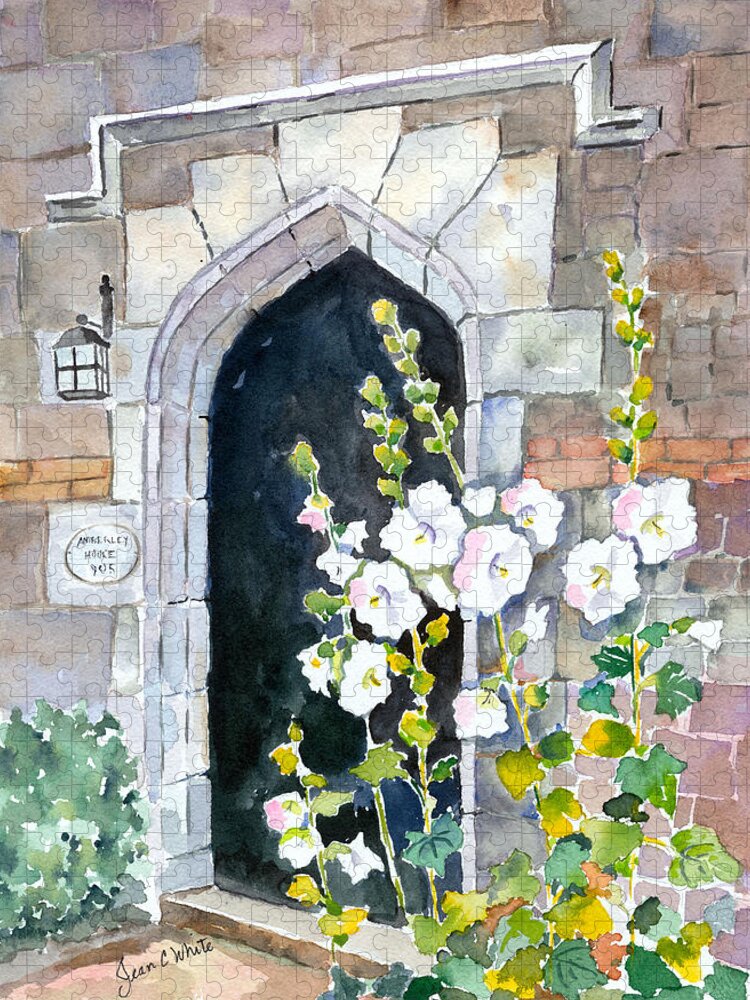 England Jigsaw Puzzle featuring the painting Hollyhocks by doorway by Jean Walker White