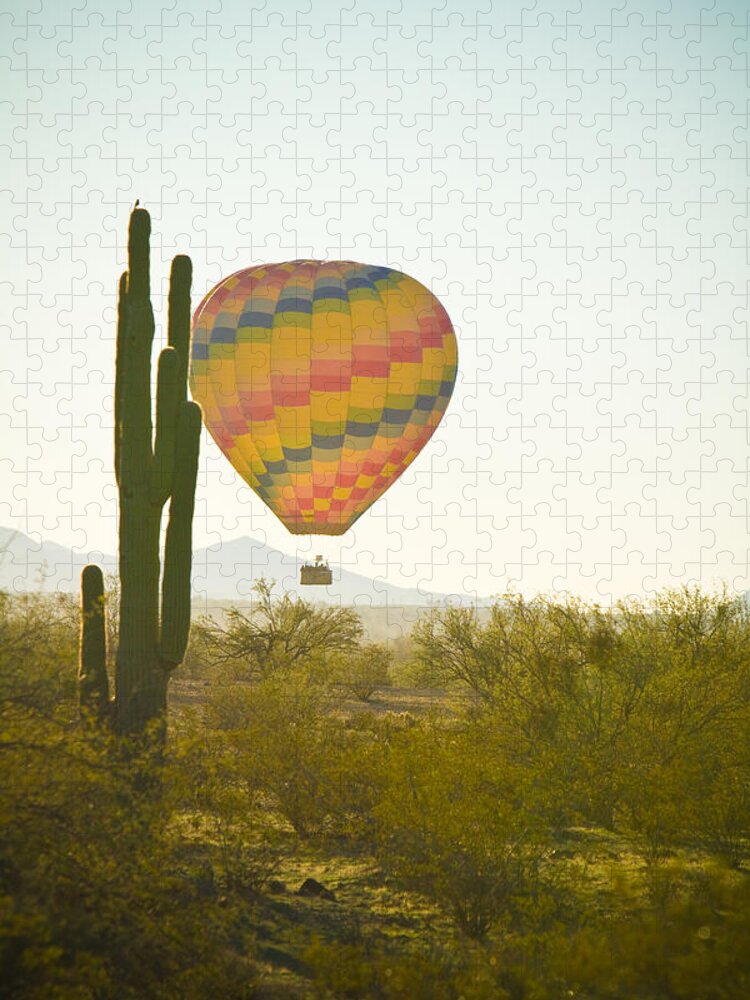 Arizona Jigsaw Puzzle featuring the photograph Hot Air Balloon over the Arizona Desert With Giant Saguaro by James BO Insogna