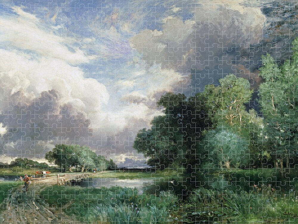 Rural; Remote; River; Riverbank; Dusk; Evening; Track; Road; Path; Journey; Traveller; Walking; Cattle; Homeward Bound; Countryside;landscape With A Bridge (oil On Canvas) By Thomas Moran (1837-1926) Wood Jigsaw Puzzle featuring the painting Landscape with a bridge by Thomas Moran