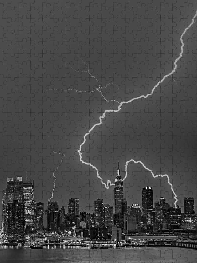 Lightning Jigsaw Puzzle featuring the photograph Lightning Bolts Over New York City BW by Susan Candelario