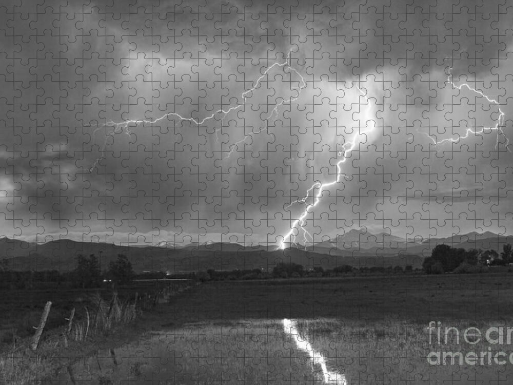 Awesome Jigsaw Puzzle featuring the photograph Lightning Striking Longs Peak Foothills 2BW by James BO Insogna