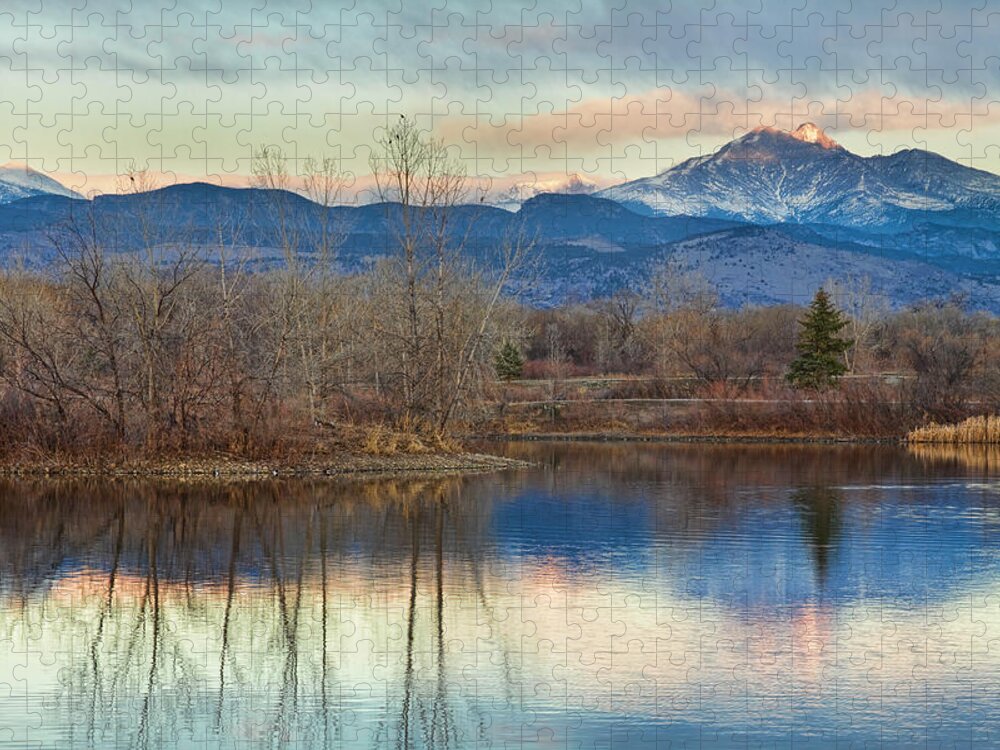 'twin Peaks' Colorado Jigsaw Puzzle featuring the photograph Longs Peak from Golden Ponds by James BO Insogna