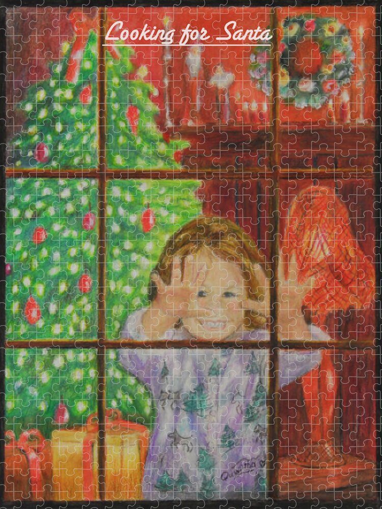 Christmas Card Jigsaw Puzzle featuring the drawing Looking for Santa by Quwatha Valentine