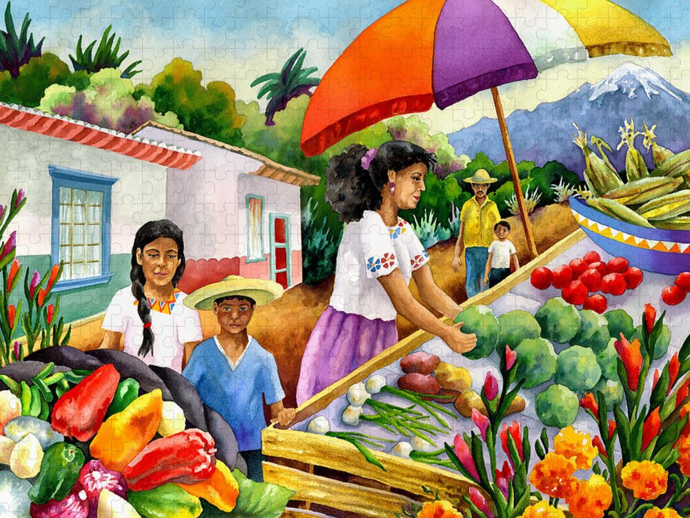 Marketplace Painting Jigsaw Puzzle featuring the painting Mexican Marketplace by Anne Gifford