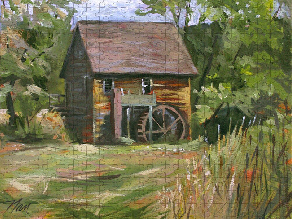 Landscape Jigsaw Puzzle featuring the painting Mill in the Meadow by Nancy Griswold