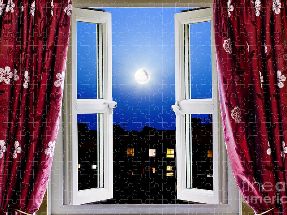 Night Jigsaw Puzzle featuring the photograph Open window at night by Simon Bratt