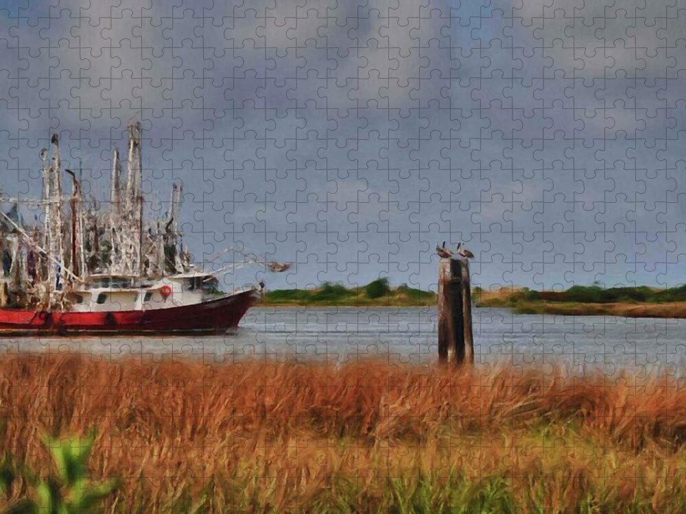 Alabama Photographer Jigsaw Puzzle featuring the digital art Pelican and the Red Shrimpboat by Michael Thomas