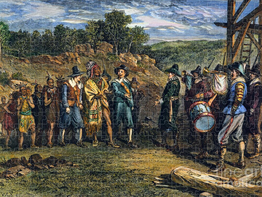 17th Century Jigsaw Puzzle featuring the drawing Pilgrims - Massasoit by Granger
